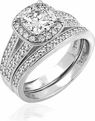 Platinum-Plated Sterling Silver Infinite Elements Zirconia Cushion Halo Ring