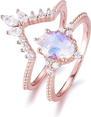 925 Sterling Silver Rose Gold Moonstone CZ Diamond Engagement Ring Stackable Wedding band Set Women Bridal set Statement Anniversary Ring Gift Promise Oval Cut White Gold Yellow Gold