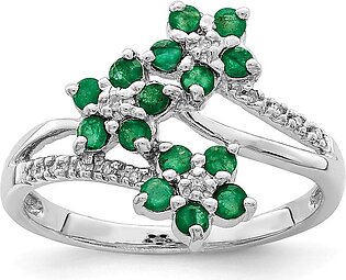 Solid 925 Sterling Silver 3 Flower Emerald Green May Gemstone and Diamond Engagement Ring (.05 cttw.)