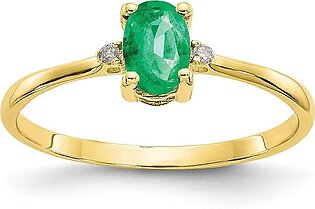 Solid 10k Yellow Gold Genuine Diamond and Emerald Green May Gemstone Birthstone Engagement Ring (.016 cttw.)
