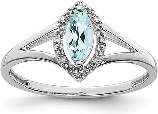 Solid 925 Sterling Silver Diamond and Aquamarine Blue March Gemstone Marquise Engagement Ring (.03 cttw.)