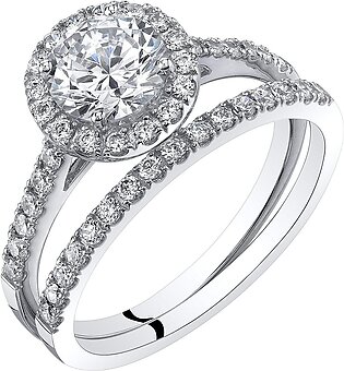 Peora 14K White Gold Halo Engagement Ring and Wedding Band Bridal Set, F-G Color, VVS Clarity, Sizes 4-10
