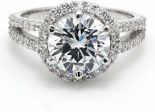Moissanite Halo Engagement Ring with Split Shank 1.25 CT Round Brilliant Cut in Solid 14K White Gold for Women