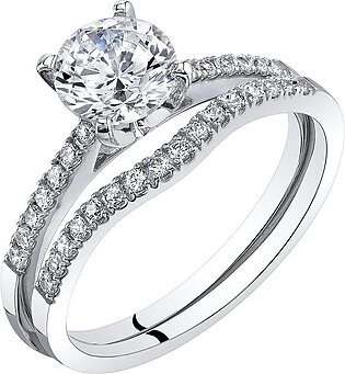 Peora 14K White Gold Classic Engagement Ring and Wedding Band Bridal Set, F-G Color, VVS Clarity, Sizes 4-10