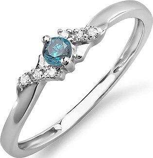 Round Blue and White Diamond Ladies Bridal Promise Engagement Ring