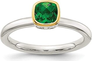 Solid 925 Sterling Silver 14k Yellow Gold Accent Created Emerald Green May Gemstone Engagement Ring