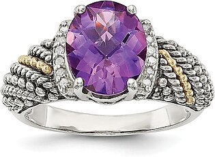 Solid 925 Sterling Silver 14k Yellow Gold Amethyst Purple February Gemstone and Diamond Engagement Ring (.06 cttw.)