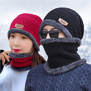 Winter Beanie Cap Scarf Set Warm Knit Cap Thick Fleece Lined Winter Hat & Scarf For Men Women