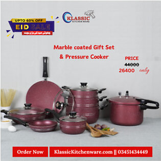 KLASSIC Gift Set 16 Pieces Glass Lid Mahroon Marble Coated with Pressure Cooker