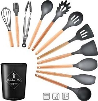 Silicone Cooking Utensils Set with Wooden Handles Holder, 12 pcs Kitchen Tool