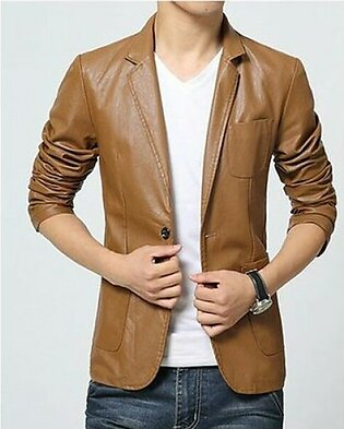 Brown Leather Blazer Coat for Men in Faux