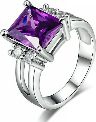 Silver Color Princess Cut Big Purple Crystal Ring