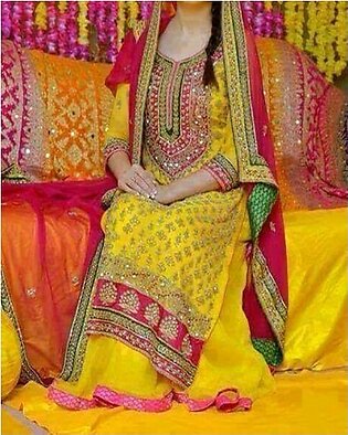 Yellow Color Mayoo Mehndi Bridal Dress Unstitched 3 Pieces