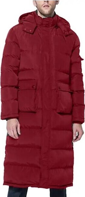 Men's Maroon Winter Warm Down Coat Men Packaged Down Puffer Jacket Long Coat with Hooded Compressible