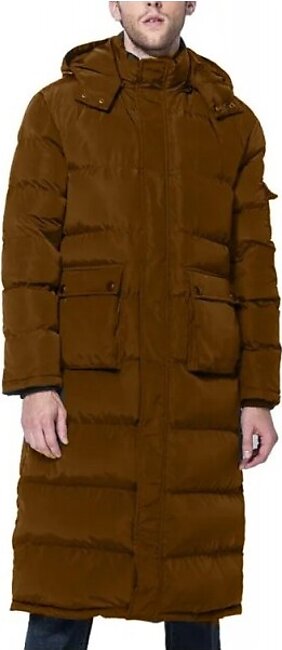 Men's Brown Winter Warm Down Coat Men Packaged Down Puffer Jacket Long Coat with Hooded Compressible