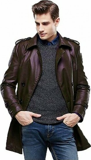 Moncler Brown Leather Long Coat For Men