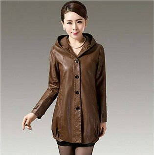 Women Leather Long Coat with Hoodie