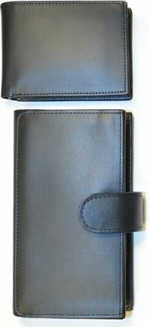 Black Genuine Leather Travel Pouch and Wallet Set for Men