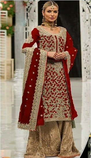Beautiful Maroon Color Bridal Dress with heavy embroidery