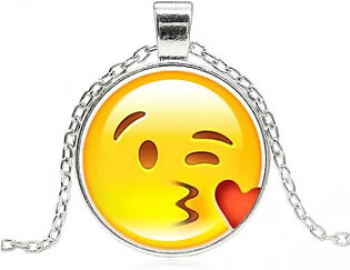 Silver Plated with Glass Cabochon Cute Emoji Pattern Choker Long Pendant Necklace