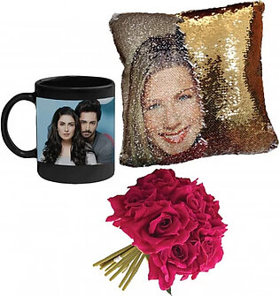 Gift Pack of Picture Magic Mug and Customized Picture Pillow with a bunch of artificial Red Roses
