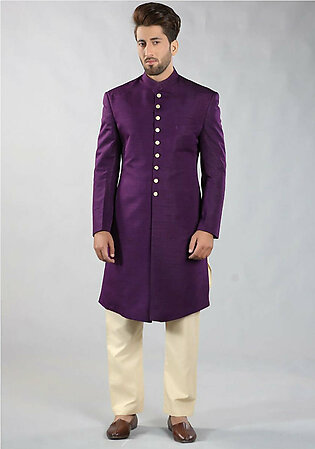 Purple pennant Traditional Plain Raw-Silk Sherwani