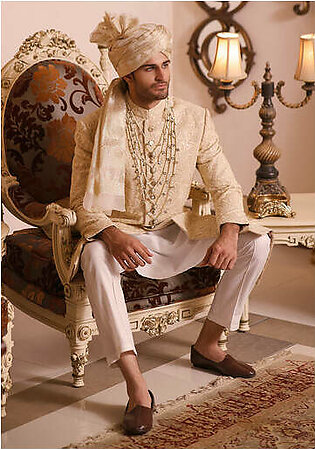 Classic Beige Cotton Net Traditional Embroidered Sherwani