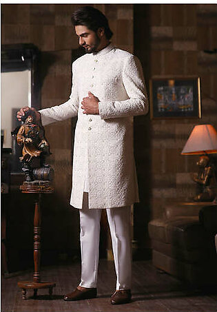 Classic Off White Cotton Net Traditional Embroidered Sherwani