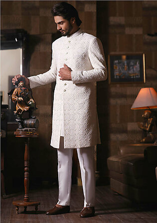 Classic Off White Cotton Net Traditional Embroidered Sherwani