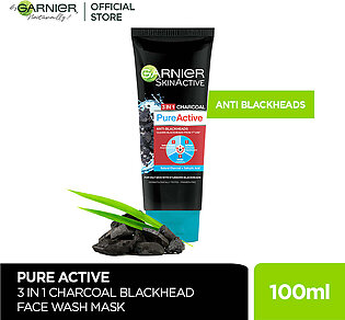Garnier - Pure Active 3-in-1 Charcoal Blackhead Face Wash, Mask & Scrub - 100ml