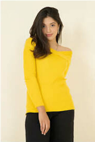 Cute Cut Off Shoulder Ribbed Sweater Canary Yellow