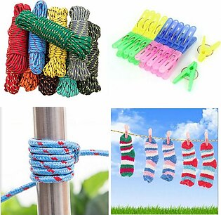 Multipurposed Random Color Nylon Home Hanging Nonslip Windproof Clothes Rope String With 10 Clothes Hanging Plastic Clips (Random)