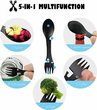 5 in 1 Multi-Functional Spoon Fork, Stainless Steel Camping Equipment Cookware Portable Bottle Opener Sawtooth Cutter Outdoor Survival Tool for Camping Picnic – Black