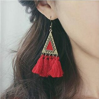 Vintage Bohemian Ethnic Triangle Dangle Drop Tassel Earrings – Red