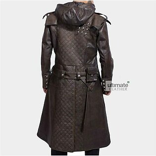 Mens Brown Quilted Style Trench Leather Coat