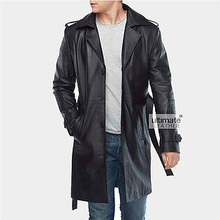 Mens Black Leather Long Trench Coat