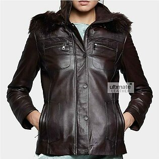 Women’s Hooded Brown Leather Jacket