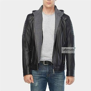 Mens Black Hooded Leather Jacket