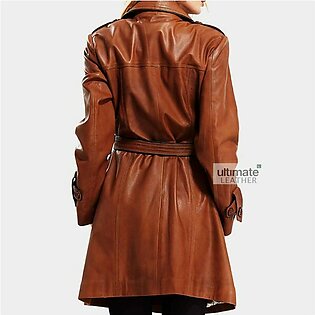 Women’s Brown Belted Leather Trench Coat