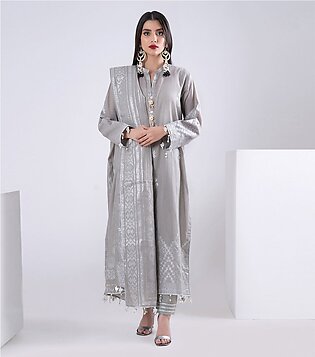 Grey 3pc Unstitched Dyed Jacquard Suit on Khaadi sale
