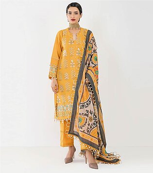 Yellow 3pc Dyed unstitched Embroidered Dobby Suit on Khaadi sale