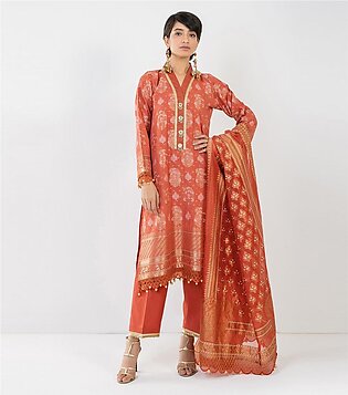 Coral Unstitched Dyed suit with Organza Dupatta on Khaadi sale