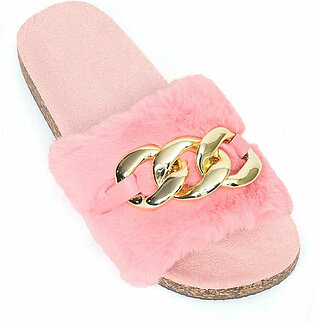 FUR SLIPPERS WITH CHAIN-PINK