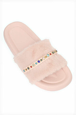 FUR SLIPPERS WITH STONES-PINK