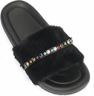 FUR SLIPPERS WITH STONES-BLACK