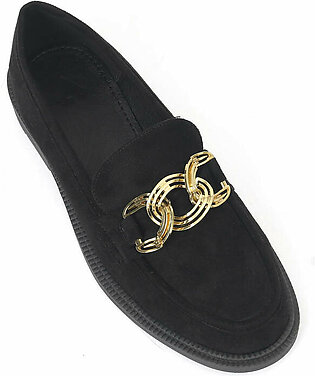 CHAIN TRIM SUEDE LOAFERS-BLACK