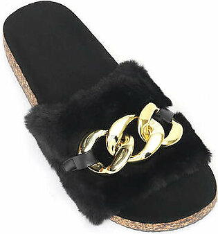 FUR SLIPPERS WITH CHAIN-BLACK
