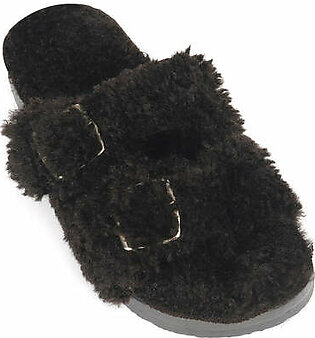 FLUFFY SLIDES WITH BUCKLES-BLACK