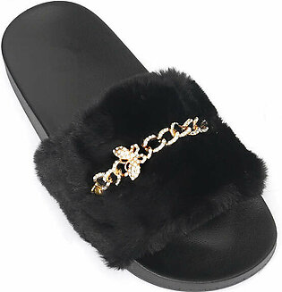 BUTTERFLY CHARM FUR SLIPPERS-BLACK
