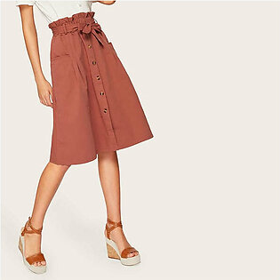 Button Front Dual Pocket Belted Paperbag Skirt